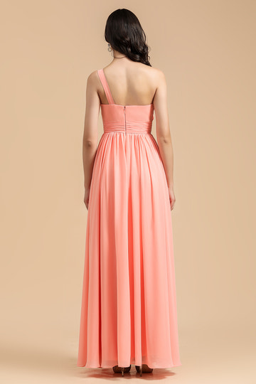 Simple Long One Shoulder Asymmetrical Sleeveless A Line Chiffon With Pleated Bridesmaid Dress