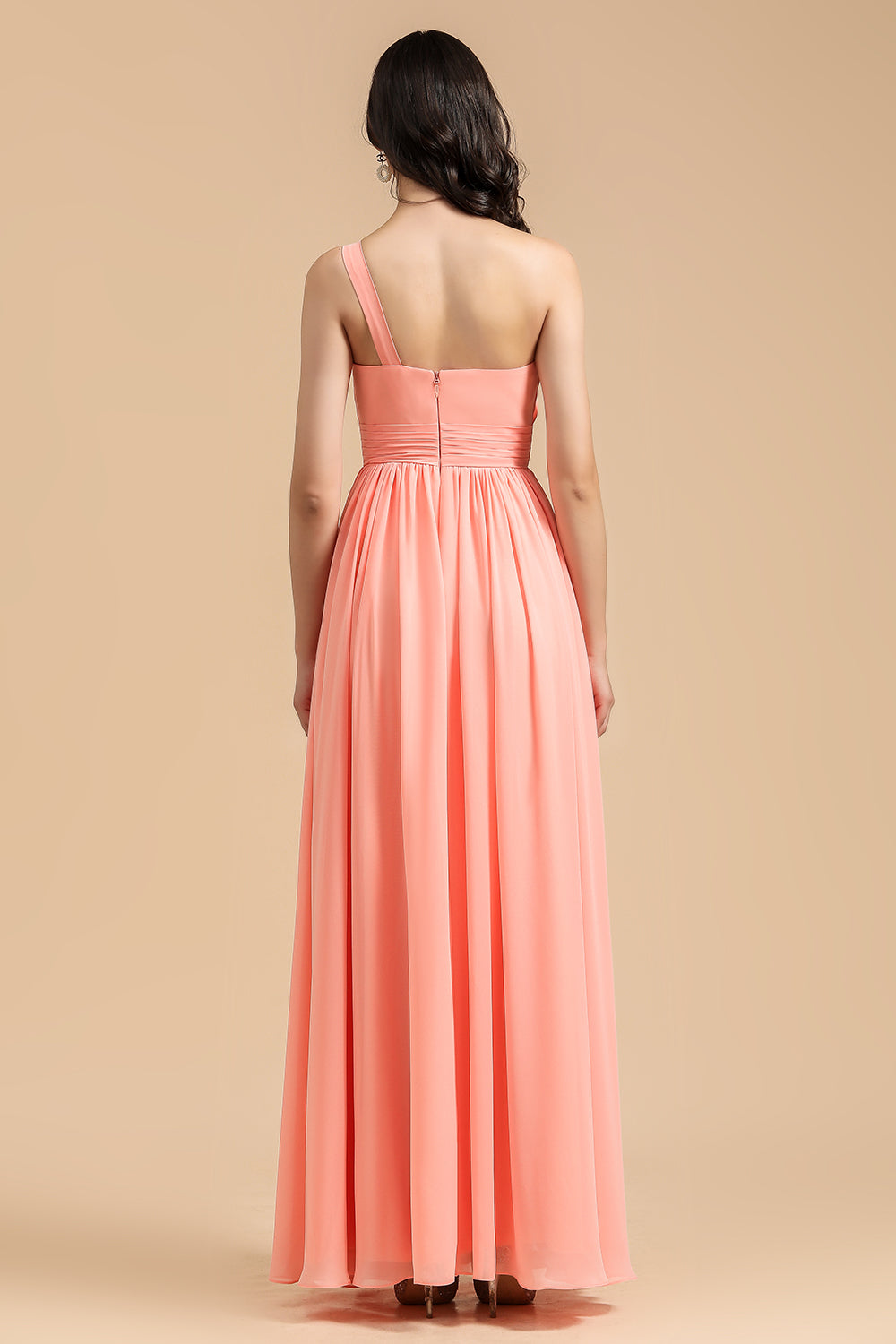 Simple Long One Shoulder Asymmetrical Sleeveless A Line Chiffon With Pleated Bridesmaid Dress