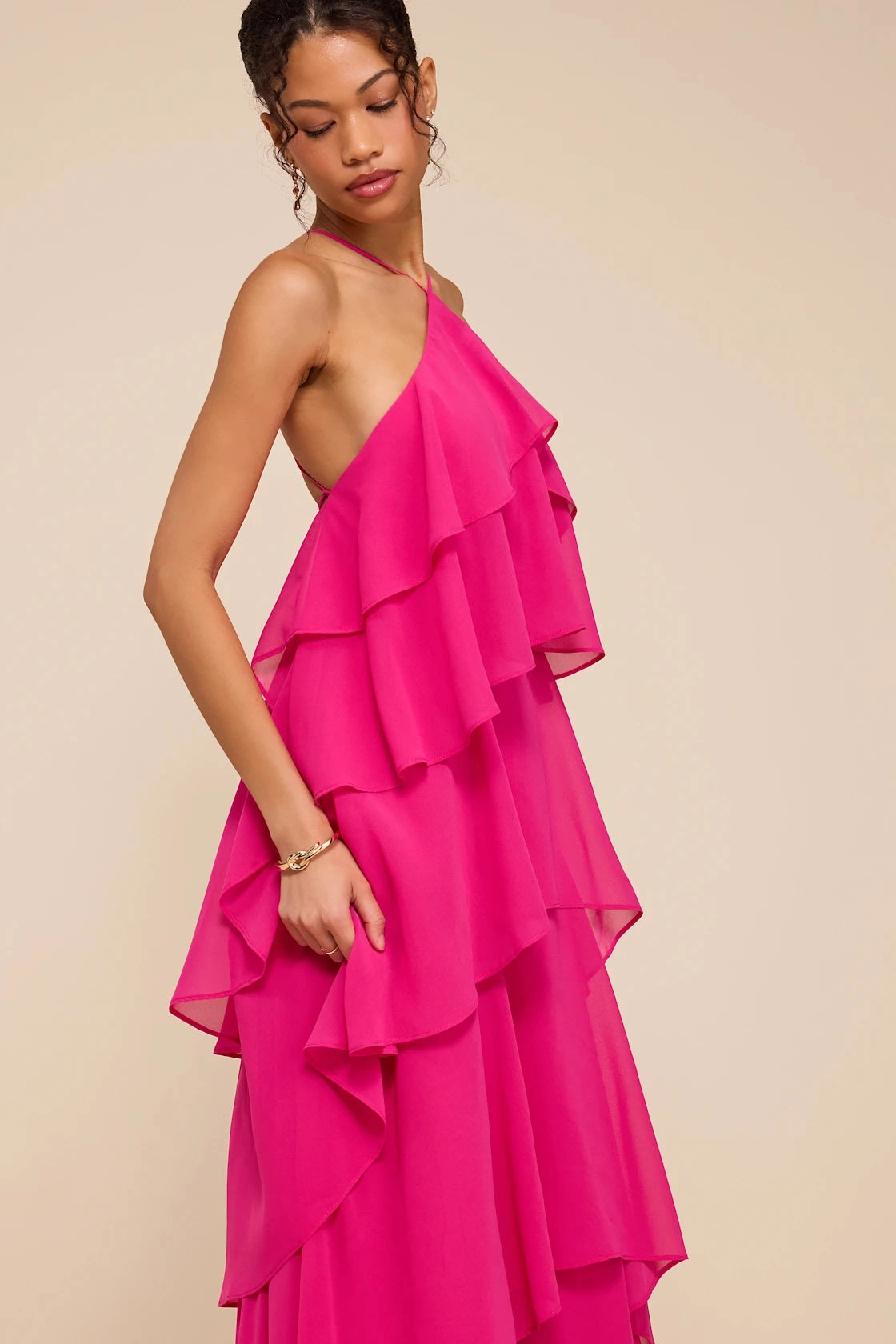Pale Yellow Tiered Halter Sleeveless Cross Back Maxi Bridesmaid Gown Vedress