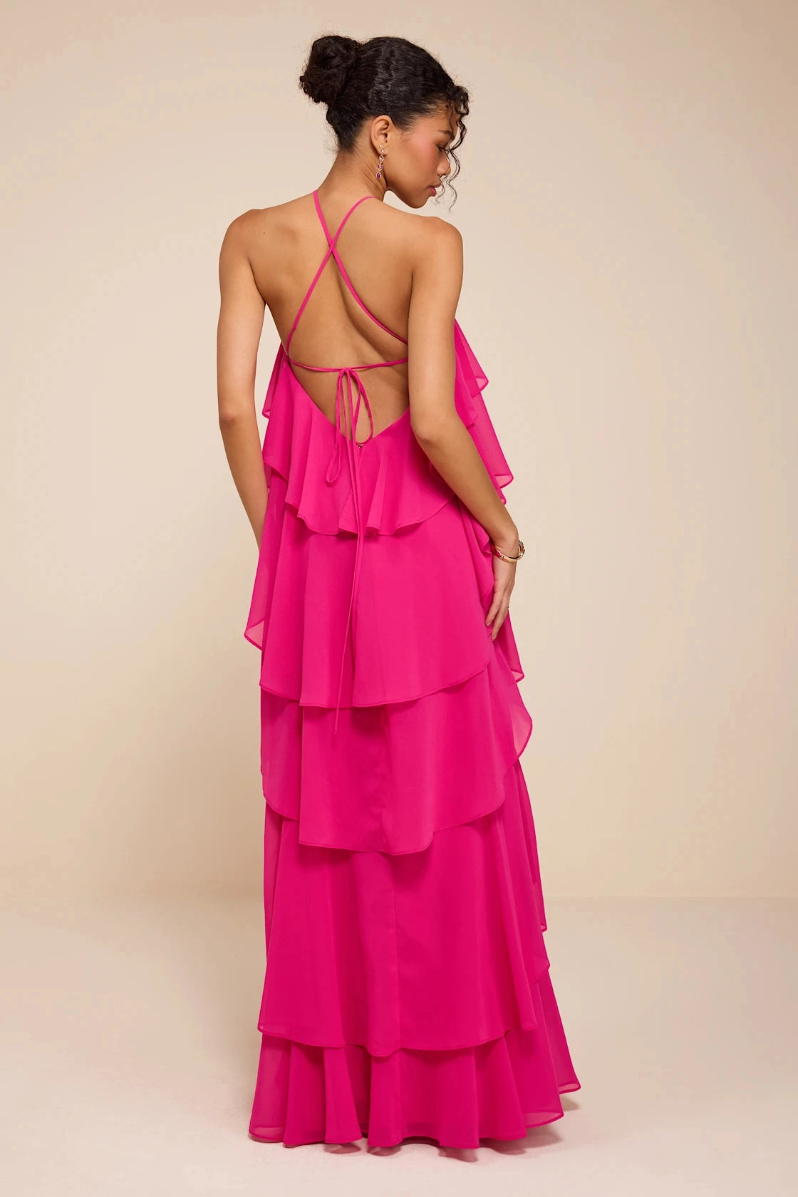 Pale Yellow Tiered Halter Sleeveless Cross Back Maxi Bridesmaid Gown Vedress