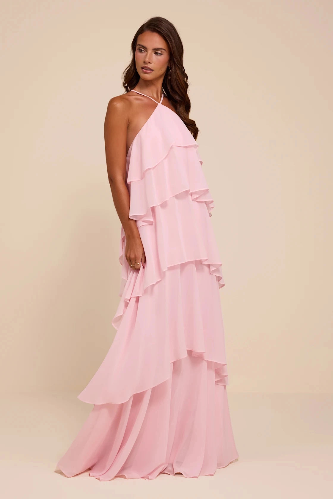 Pale Yellow Tiered Halter Sleeveless Cross Back Maxi Bridesmaid Gown Vedress