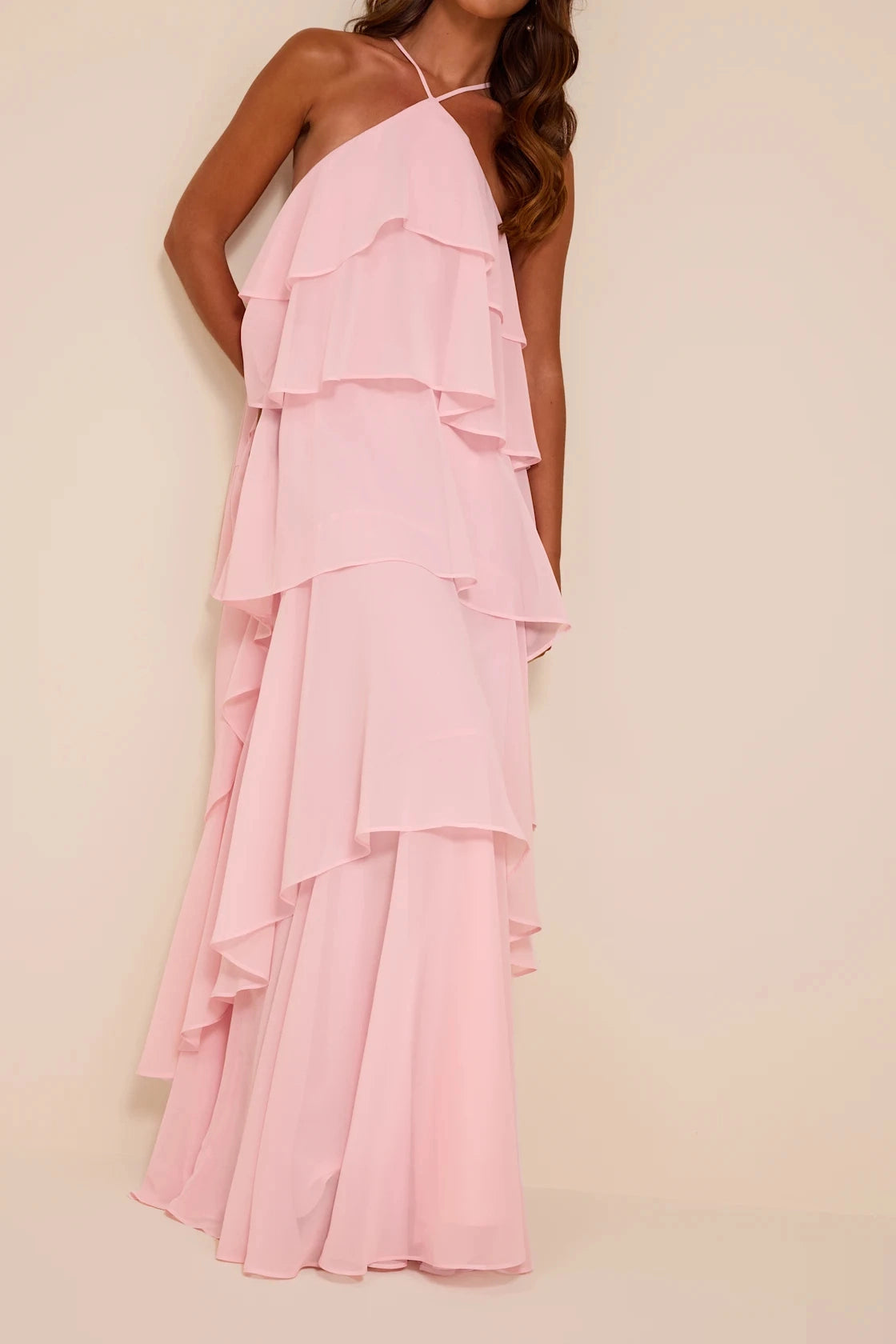Pale Yellow Tiered Halter Sleeveless Cross Back Maxi Bridesmaid Gown Vedress