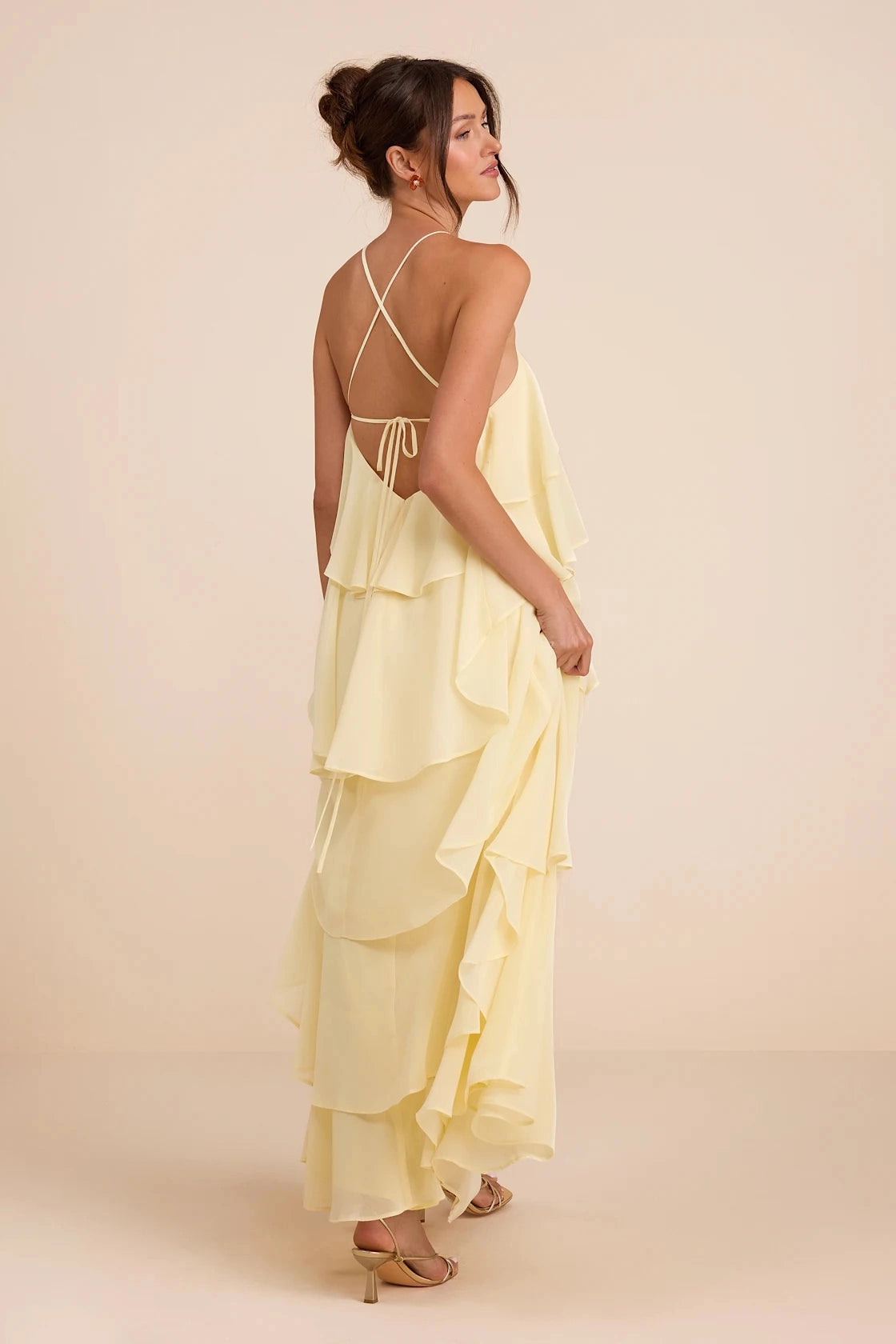 Pale Yellow Tiered Halter Sleeveless Cross Back Maxi Bridesmaid Gown Vedress