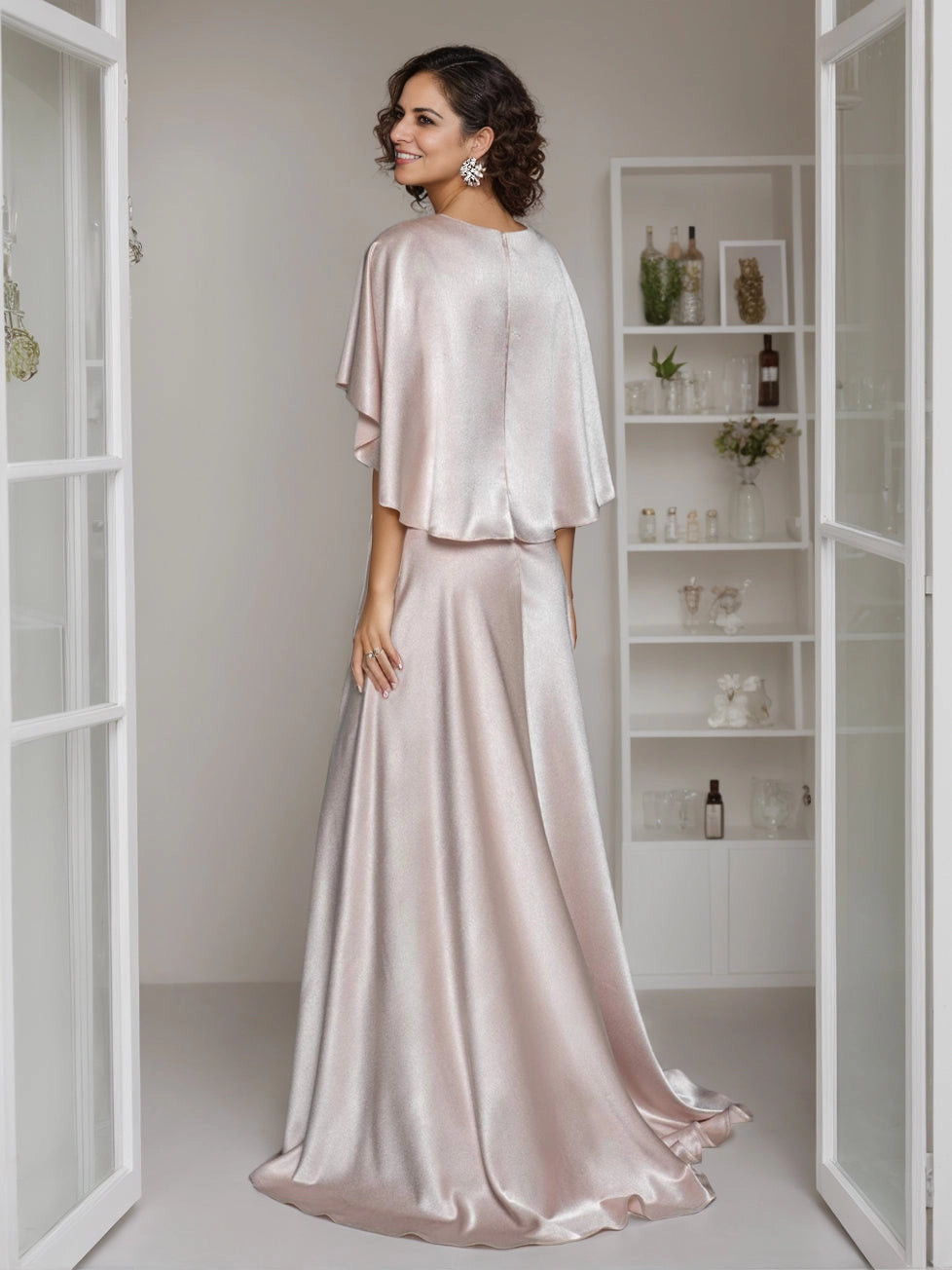 Back view Vedress shimmer formal gown,closed zip‑back,cape overlay,subtle train satin skirt