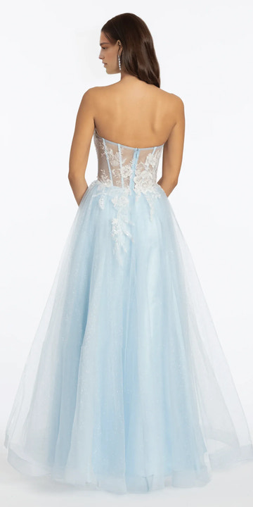 Strapless Floral Embellished Corset Glitter Tulle Ballgown Sheer Back A Line Prom Dress
