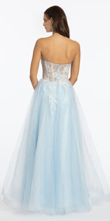 Strapless Floral Embellished Corset Glitter Tulle Ballgown Sheer Back A Line Prom Dress