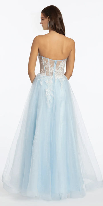 Strapless Floral Embellished Corset Glitter Tulle Ballgown Sheer Back A Line Prom Dress