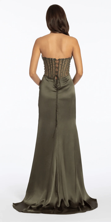 Glamorous Mermaid Embellished Corset Column Strapless Lace-Up Back Satin Train Formal Evening Dress