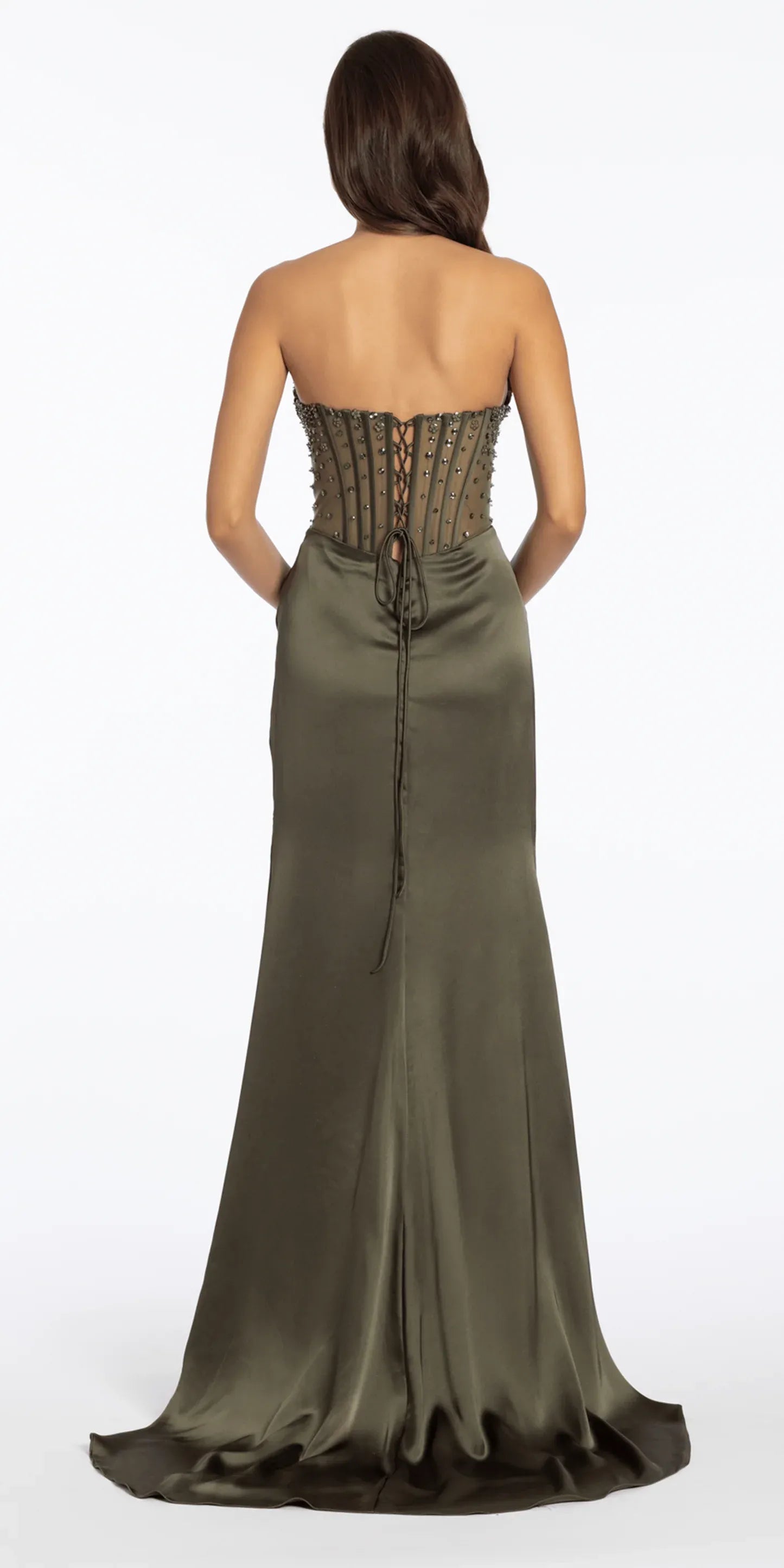 Glamorous Mermaid Embellished Corset Column Strapless Lace-Up Back Satin Train Formal Evening Dress