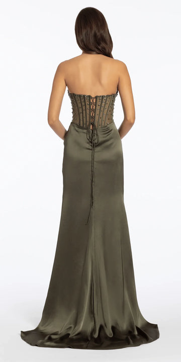 Glamorous Mermaid Embellished Corset Column Strapless Lace-Up Back Satin Train Formal Evening Dress