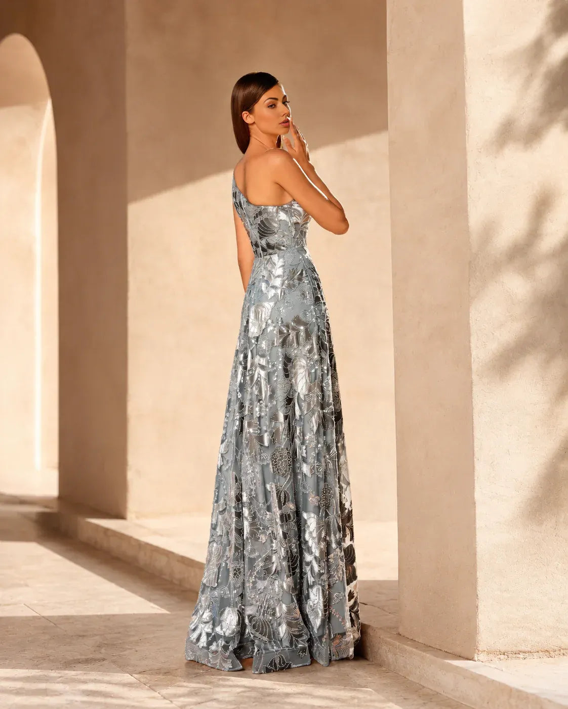 Striking One-Shoulder Floral Jacquard A-Line Evening Gown with Pockets