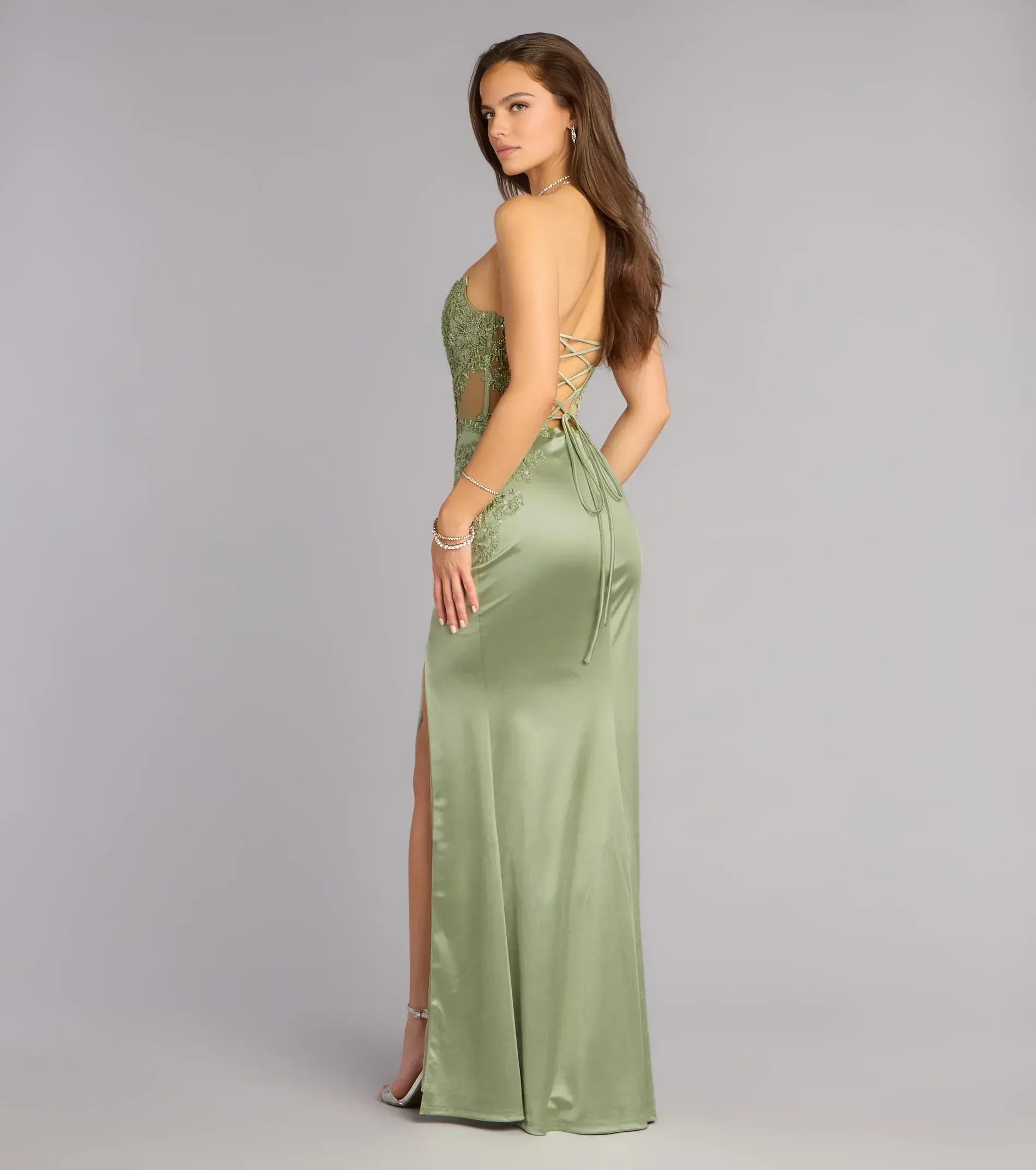 Glamorous Mermaid Satin Corset With Slit Floor Length Evening Dress