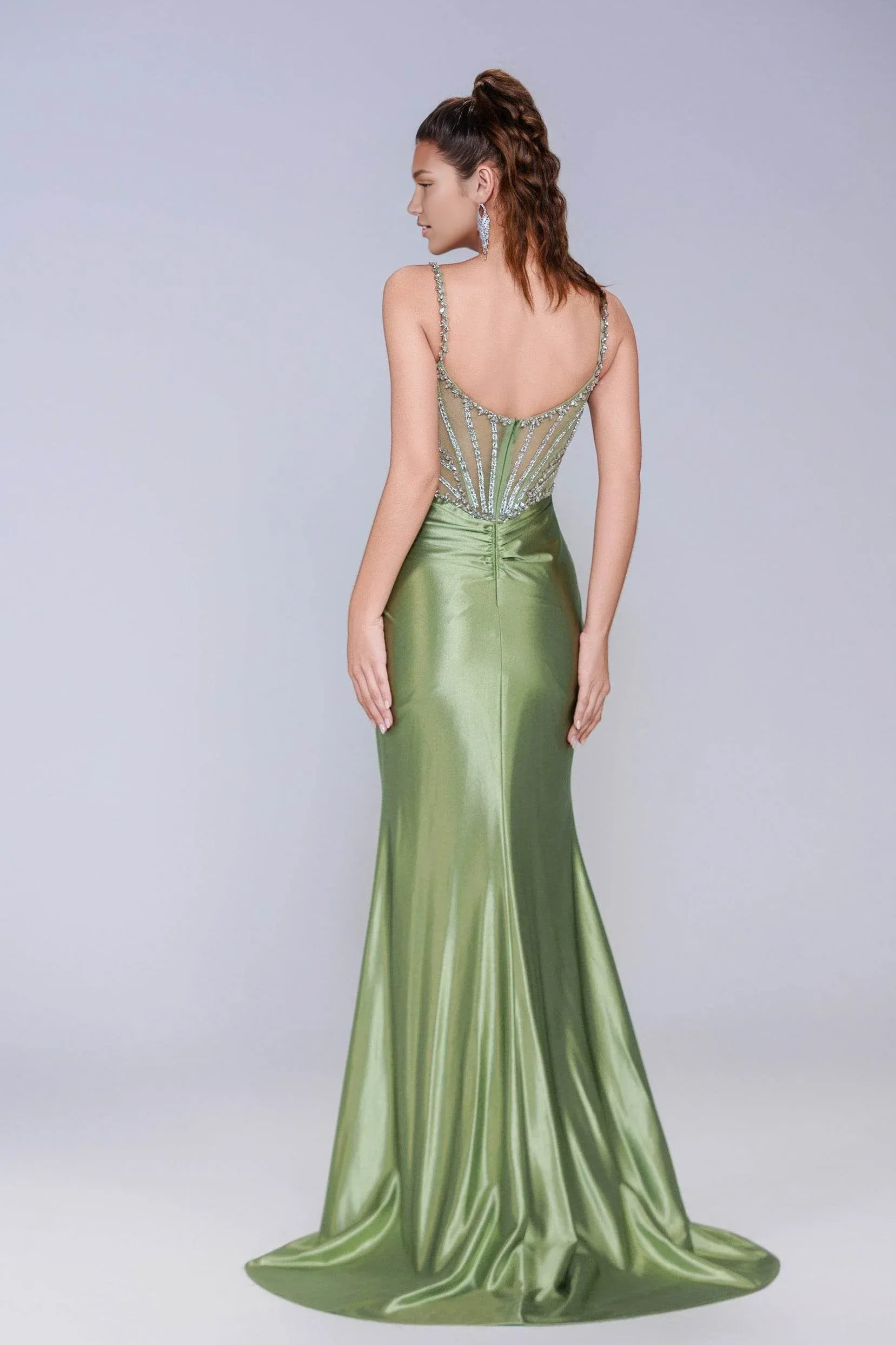 Sophisticated Sheath Spaghetti Strap Satin Rhinestone Sweep-Brush Train Evening Gown with Slit