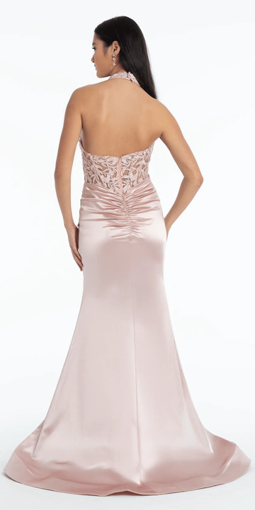 Elegant Mermaid Evening Gown Halter Sheer Back Satin Floor-Length Formal Dress