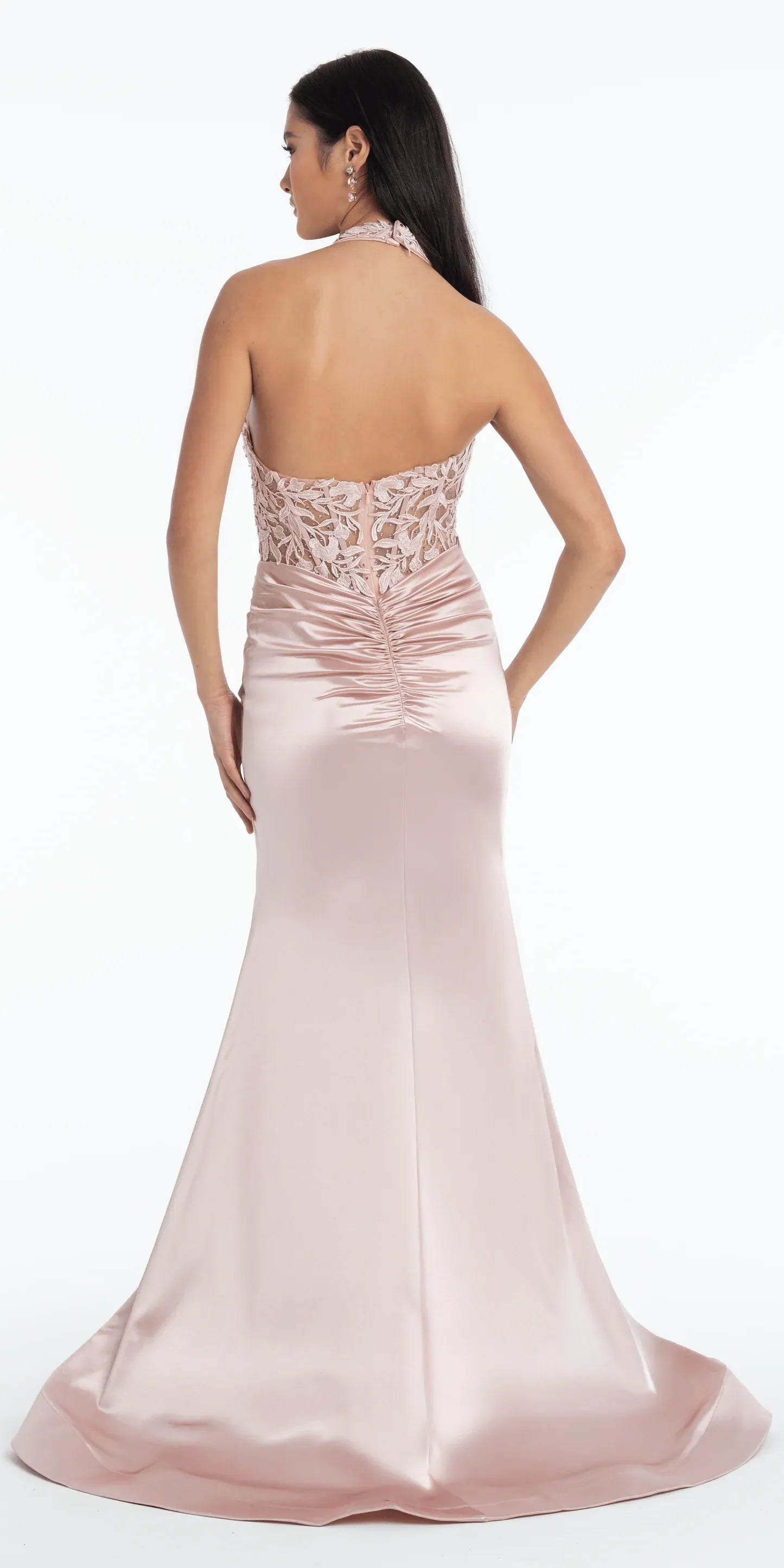 Elegant Mermaid Evening Gown Halter Sheer Back Satin Floor-Length Formal Dress