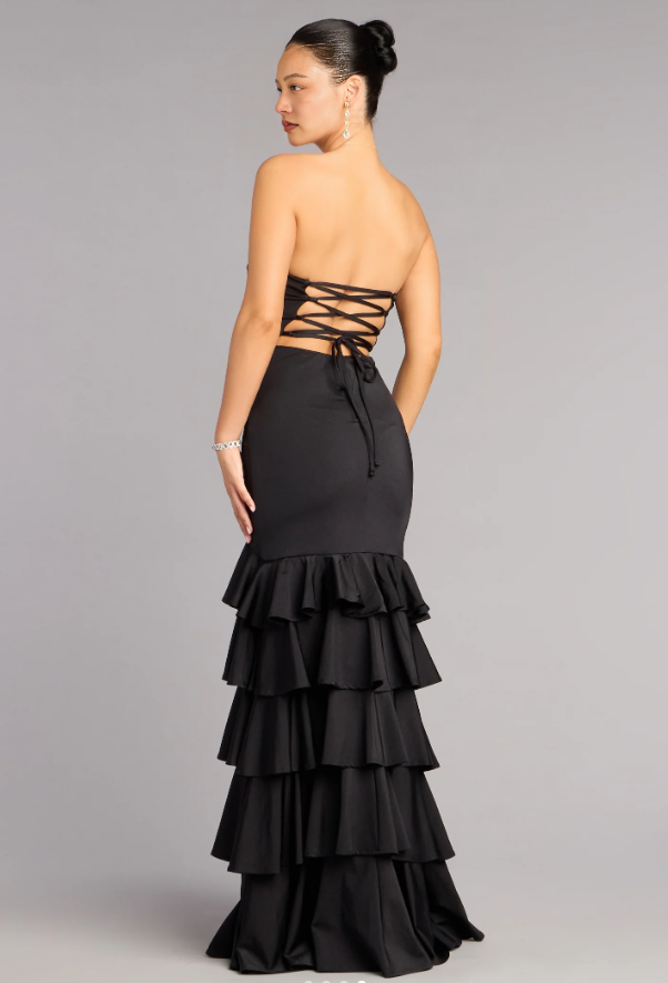 Mermaid Strapless Sleeveless Corset Lace Up Back Floor Length Evening Gown With Ruffled High-Slit