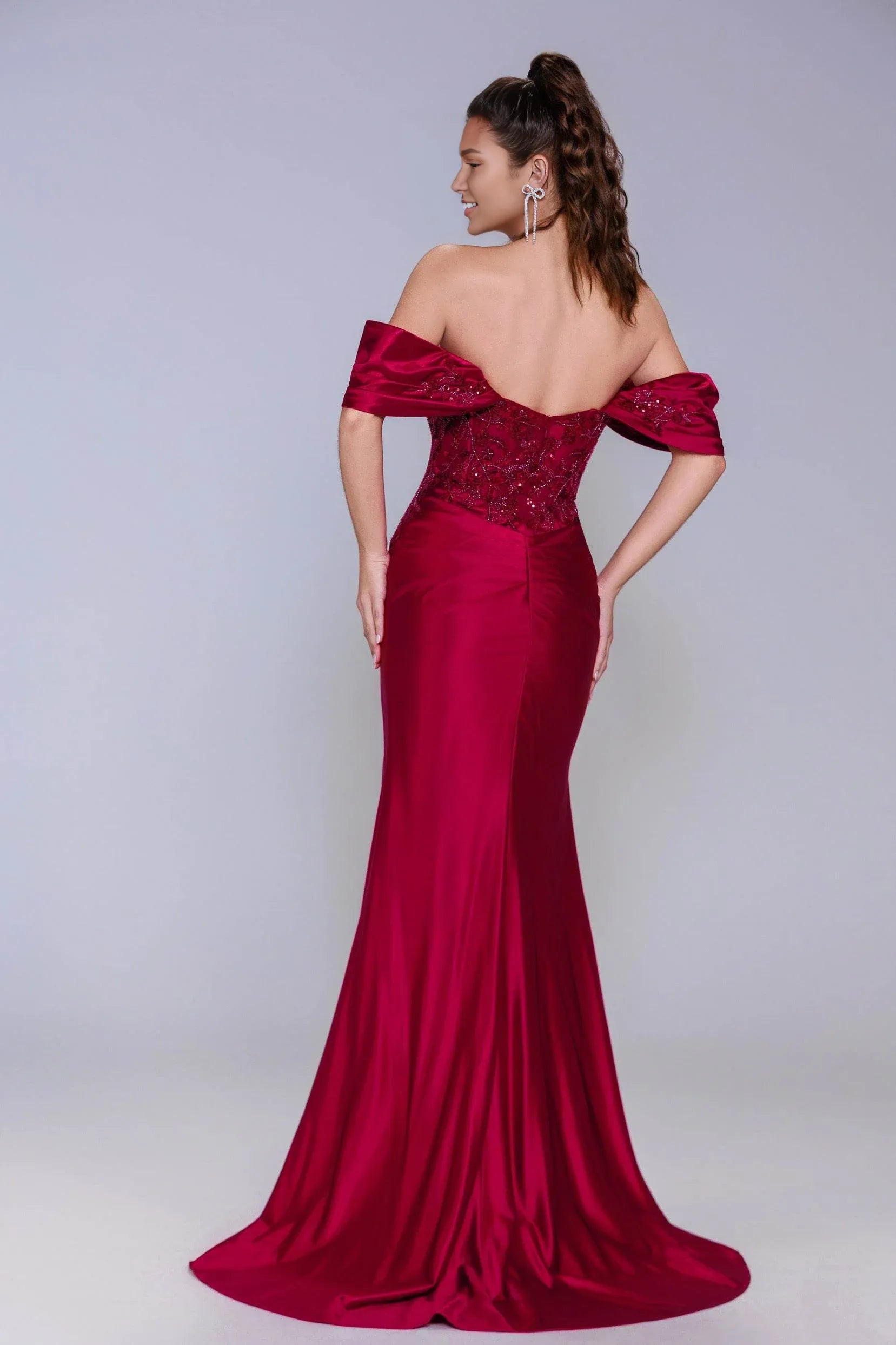 Polished Sheath Off-Shoulder Satin Appliqué Sweep-Brush Train Evening Gown with Slit