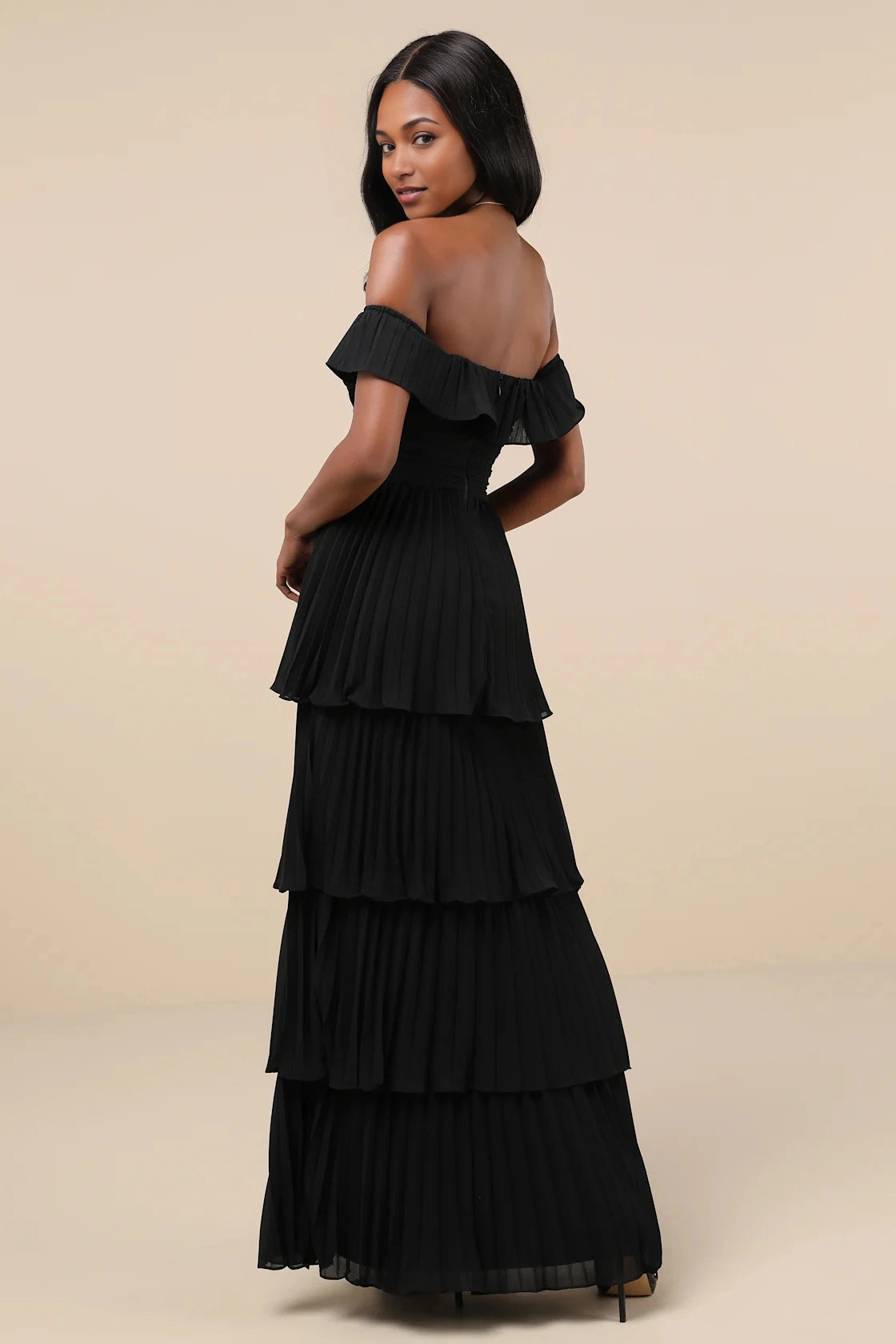Vedress Chiffon Tiered Off Shoulder Open Back Maxi Bridesmaid Gown