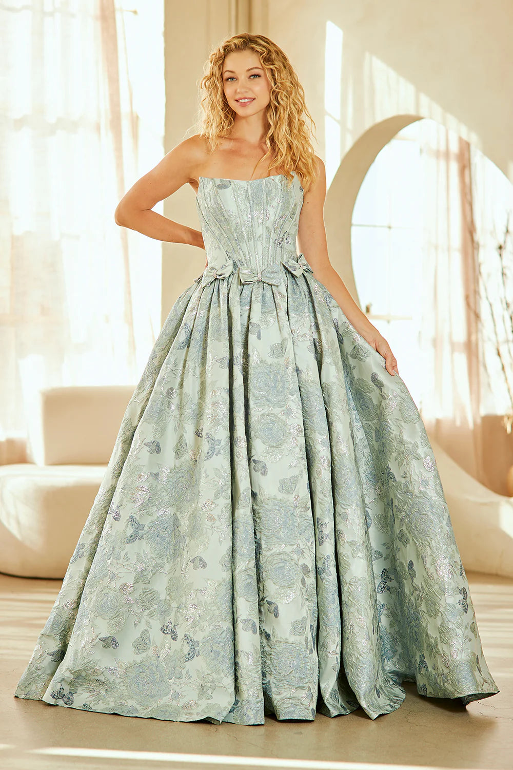 Elegante vestido de fiesta de corte A sin tirantes, brocado, hasta el suelo, con detalle de lazo, para graduación/fiesta formal