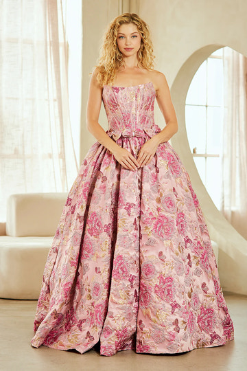 Elegante vestido de fiesta de corte A sin tirantes, brocado, hasta el suelo, con detalle de lazo, para graduación/fiesta formal