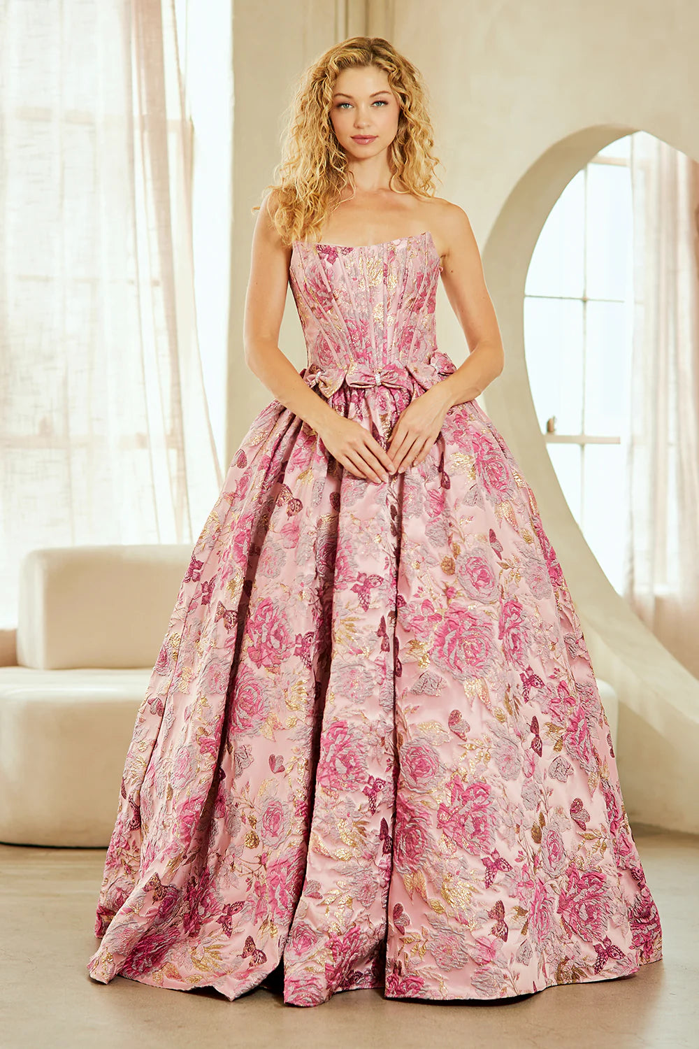 Elegante vestido de fiesta de corte A sin tirantes, brocado, hasta el suelo, con detalle de lazo, para graduación/fiesta formal
