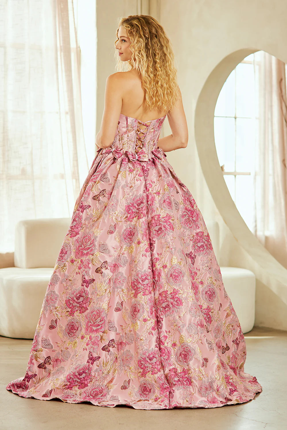 Elegante vestido de fiesta de corte A sin tirantes, brocado, hasta el suelo, con detalle de lazo, para graduación/fiesta formal