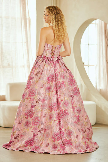 Elegant A-line Ball Gown Strapless Brocade Floor-Length Bow Detail Formal Prom Dress