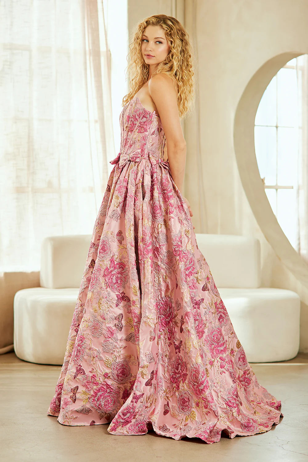 Elegante vestido de fiesta de corte A sin tirantes, brocado, hasta el suelo, con detalle de lazo, para graduación/fiesta formal