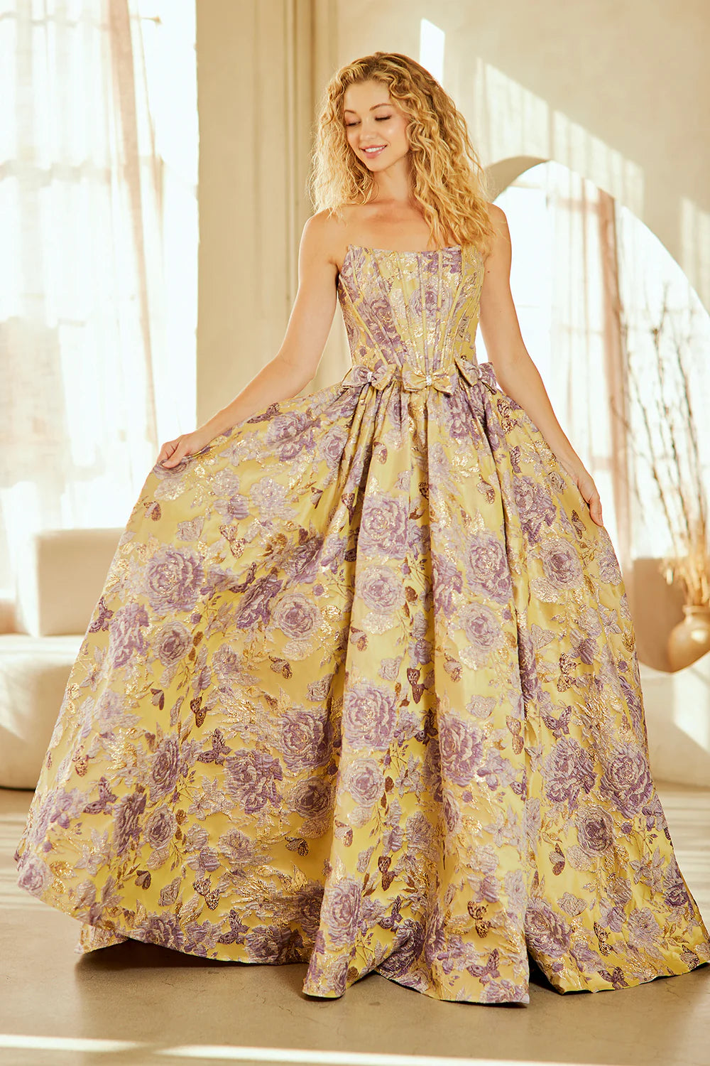 Elegante vestido de fiesta de corte A sin tirantes, brocado, hasta el suelo, con detalle de lazo, para graduación/fiesta formal