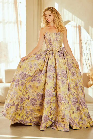 Elegant A-line Ball Gown Strapless Brocade Floor-Length Bow Detail Formal Prom Dress