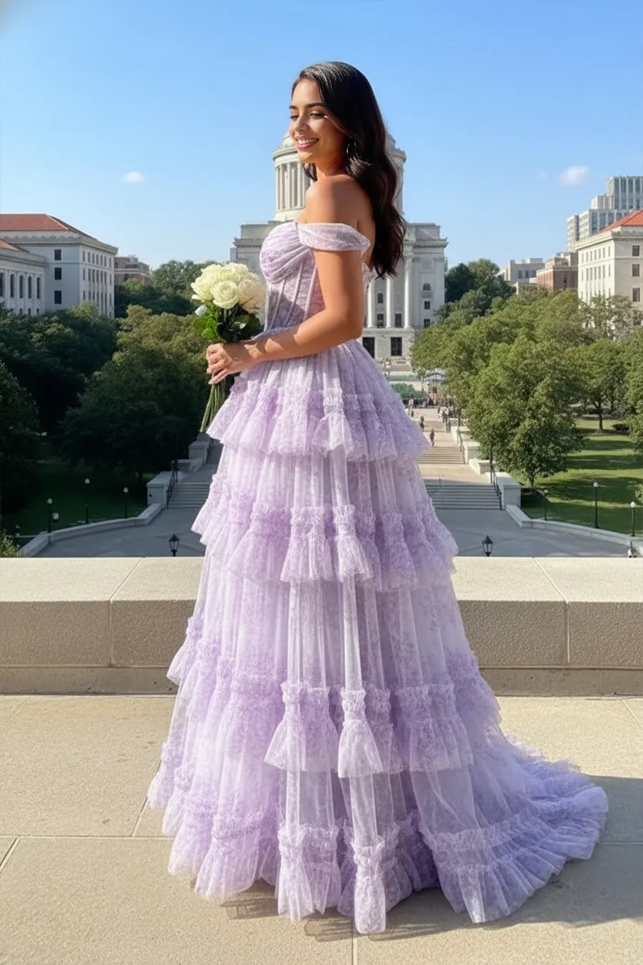 Vestido de fiesta de tul con escote corazón, falda de tul con volantes y corsé, largo hasta el suelo, tipo maxivestido