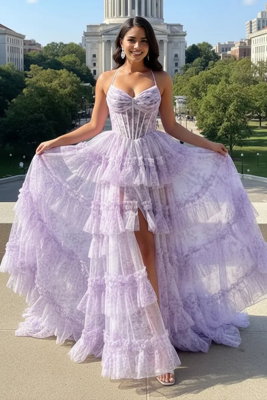 Vestido de fiesta de tul con escote corazón, falda de tul con volantes y corsé, largo hasta el suelo, tipo maxivestido