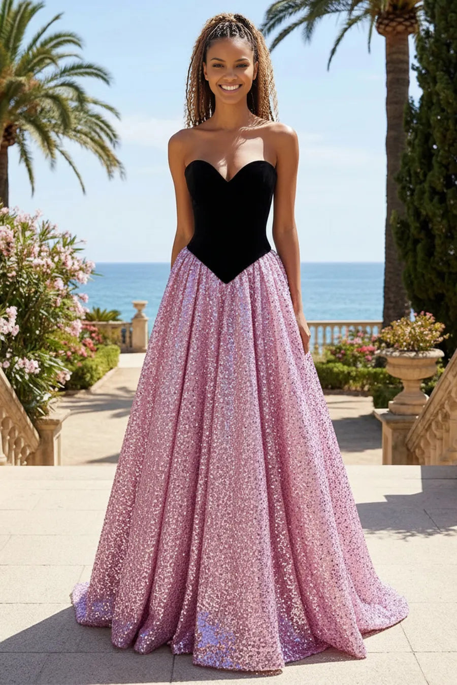 A-line Princess Ball Gown Sweetheart Neck Sequin Floor Length Corset Back Maxi Dress