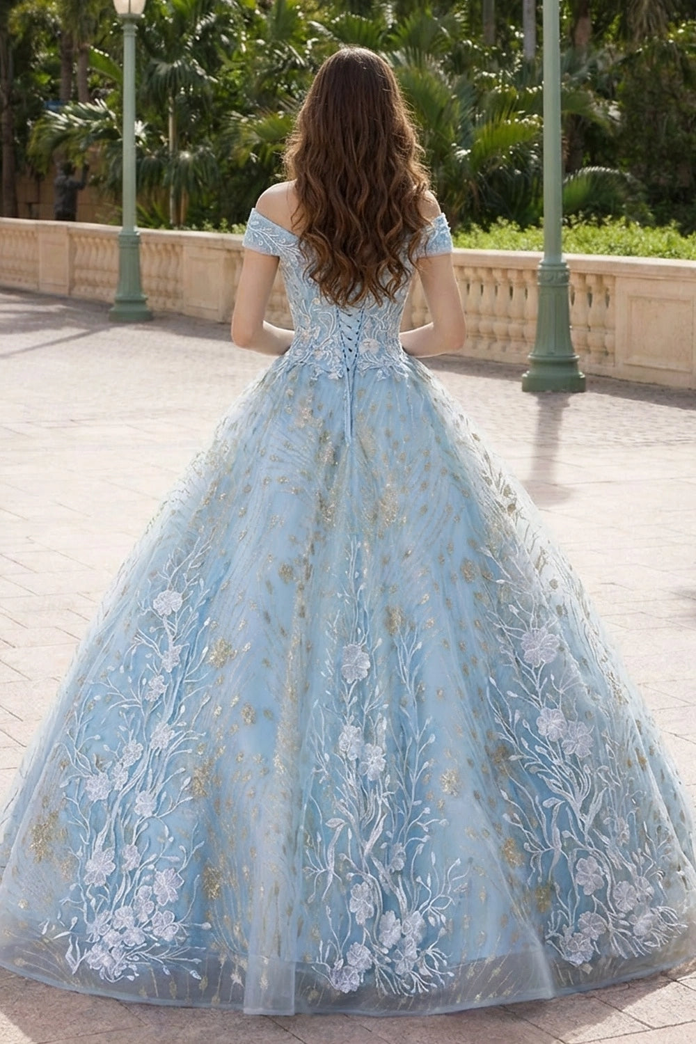 Vedress romantic tulle formal gown corset lace up back full length rear outdoor scenery shot