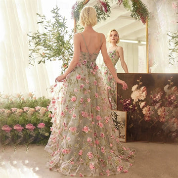 Back view Vedress corset lace up back floral tulle floor length prom gown formal dress