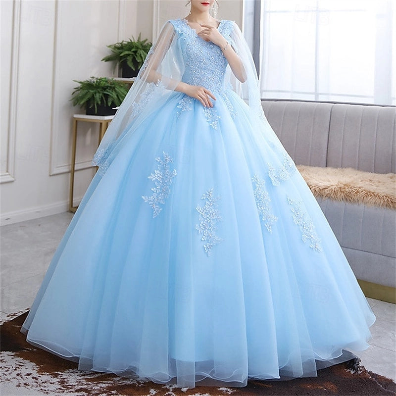 Romantic Ballgown V Neck Lace Up Back Long Tulle Prom Dress