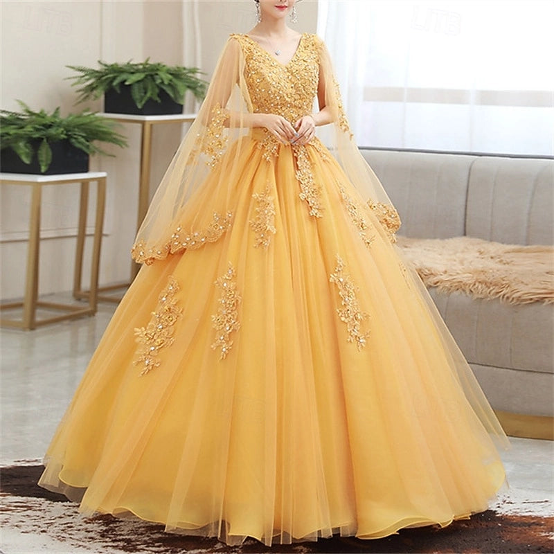 Romantic Ballgown V Neck Lace Up Back Long Tulle Prom Dress