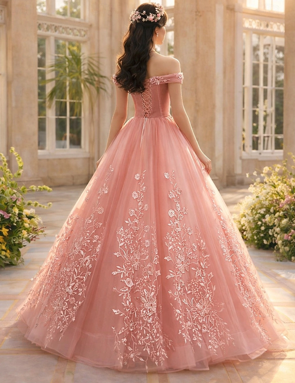 Vedress lace up back tulle long prom dress full floral embroidered princess gown back view mansion window background