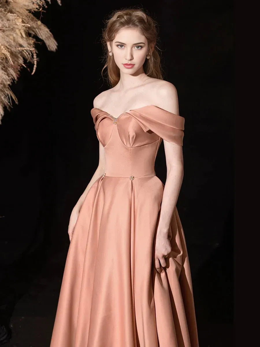 Vestido de fiesta de satén de corte A con hombros descubiertos, largo hasta el suelo, con cordones