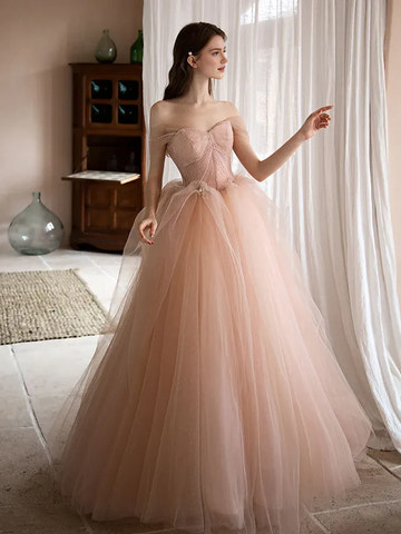 Vestido de noche largo de tul de princesa de ensueño con corte en A, hombros descubiertos y pedrería
