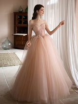 Dreamy A-line Princess Ballgown OffShoulder Tulle Maxi Prom Dress Beaded Evening Dress