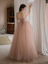 Dreamy A-line Princess Ballgown OffShoulder Tulle Maxi Prom Dress Beaded Evening Dress
