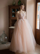 Dreamy A-line Princess Ballgown OffShoulder Tulle Maxi Prom Dress Beaded Evening Dress
