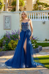 Ballgown Sweetheart Neck Spaghetti Strap Tulle Floor Length Beaded Corset Prom Dress