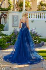 Ballgown Sweetheart Neck Spaghetti Strap Tulle Floor Length Beaded Corset Prom Dress