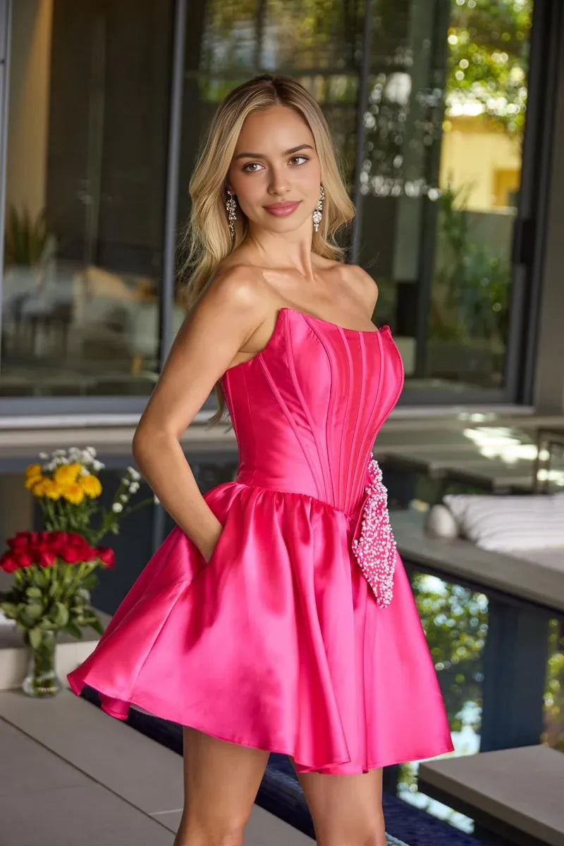 Beaded Bow Strapless Homecoming Dress Corset Satin A-Line Mini Party Dress With Pockets