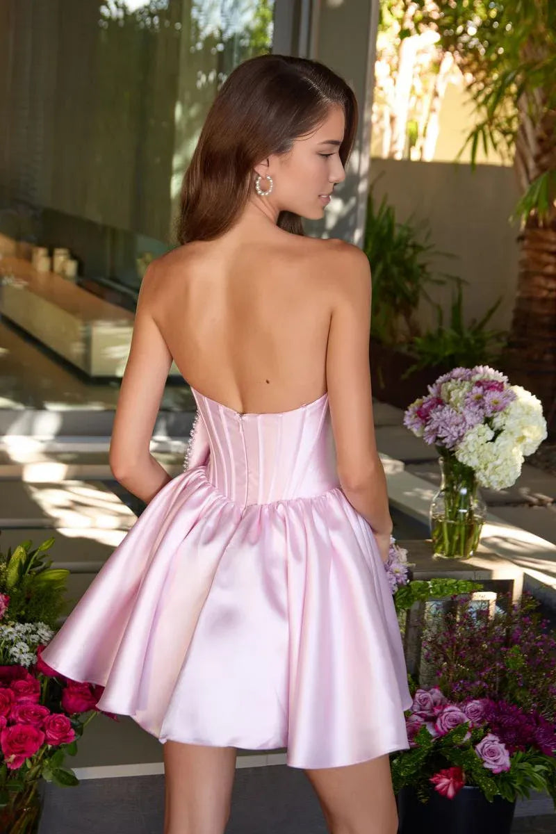 Beaded Bow Strapless Homecoming Dress Corset Satin A-Line Mini Party Dress With Pockets