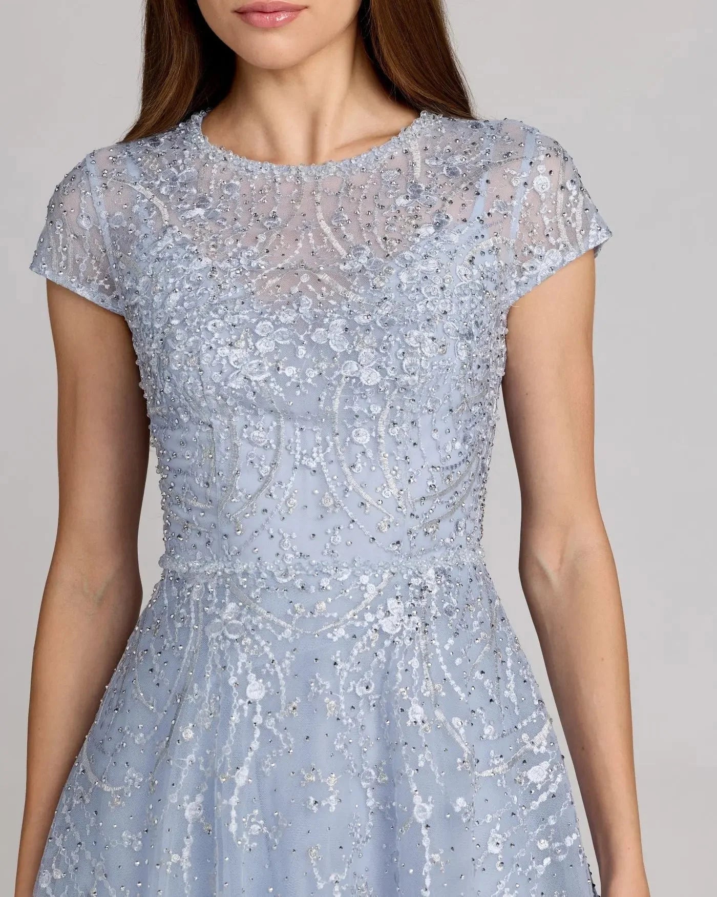 Beaded Cap-Sleeve Illusion-Neck A-Line Tea-Length Wedding Guest Dress