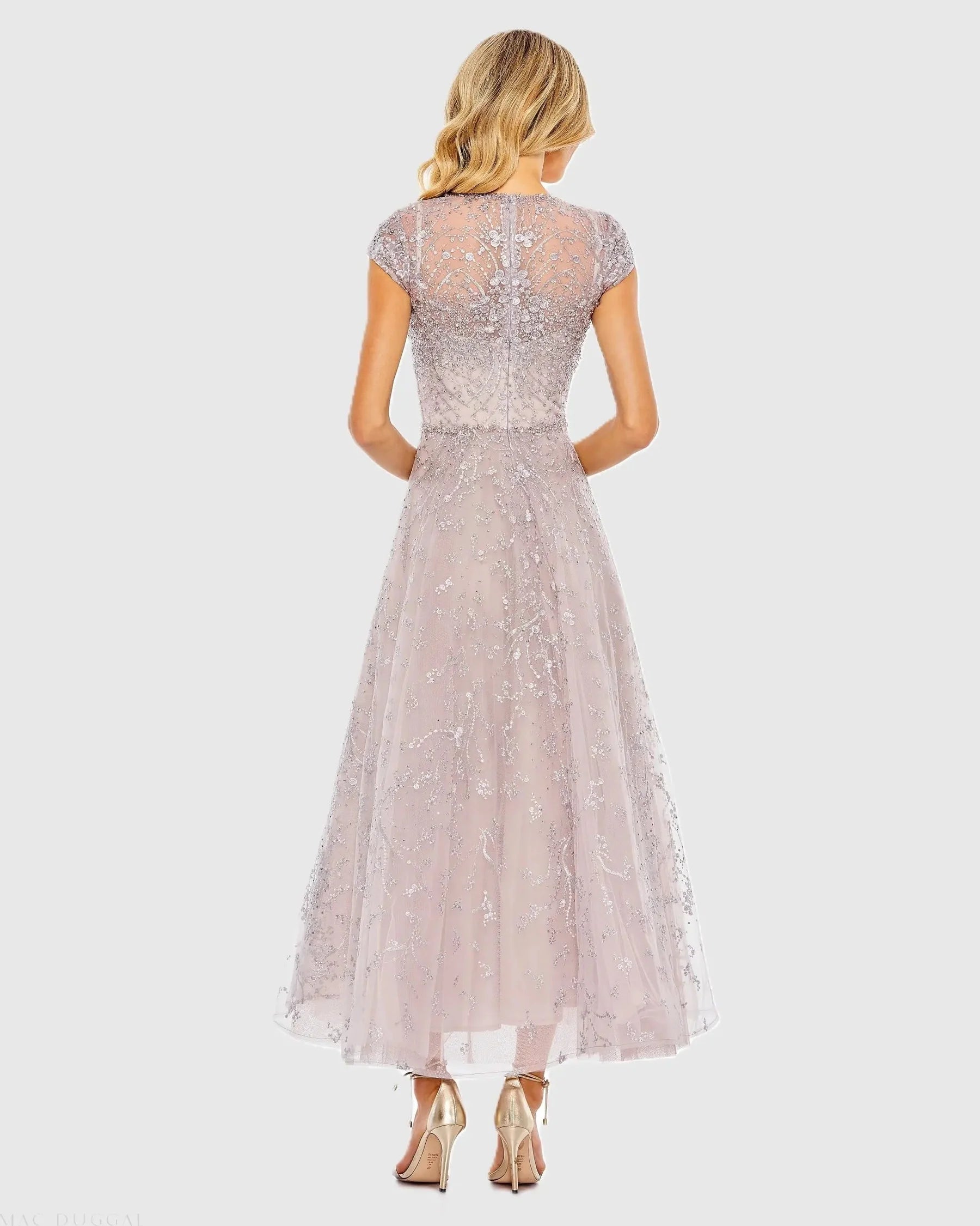 Beaded Cap-Sleeve Illusion-Neck A-Line Tea-Length Wedding Guest Dress