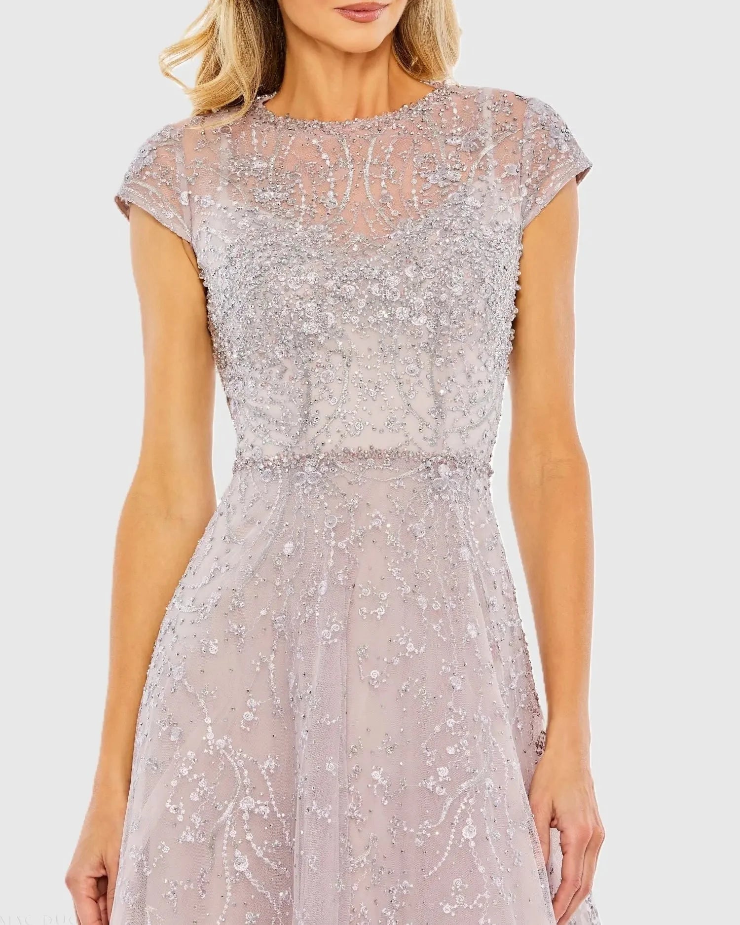 Beaded Cap-Sleeve Illusion-Neck A-Line Tea-Length Wedding Guest Dress